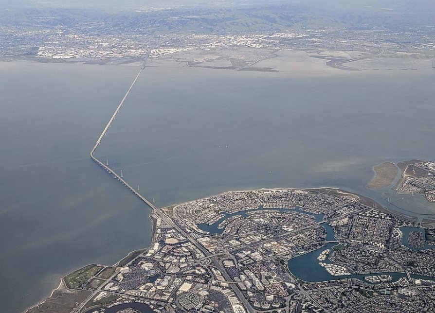 San Mateo Bridge and the San Mateo shoreline from the air